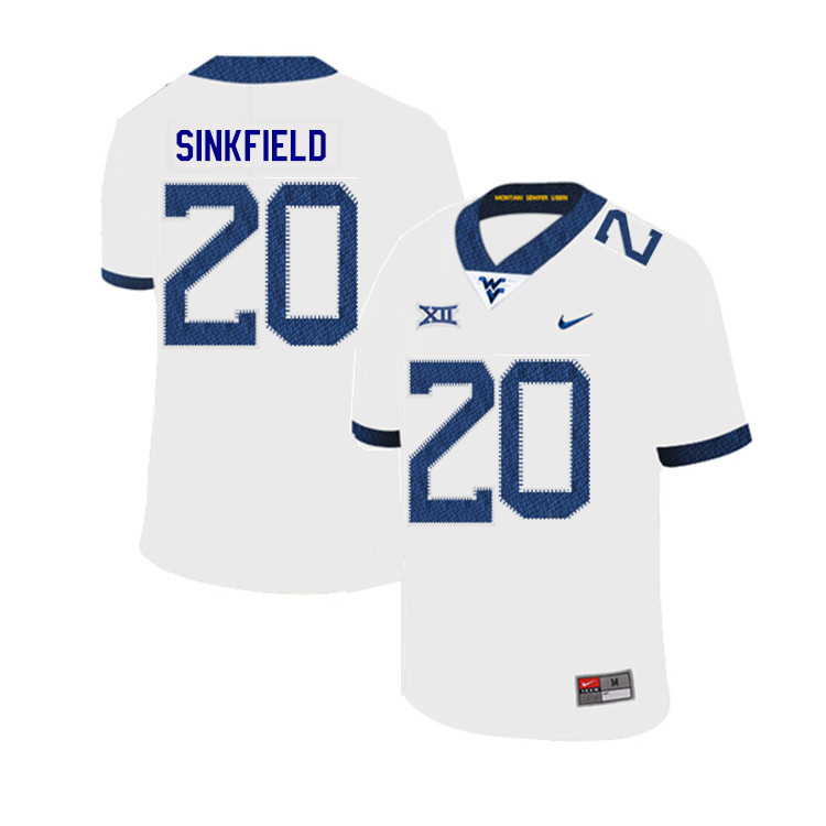 2019 Men #20 Alec Sinkfield West Virginia Mountaineers College Football Jerseys Sale-White